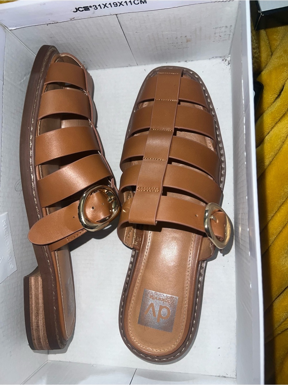 DV by Dolce Vita Tan Leather Slide Sandals with Gold Buckle. Worn only once.